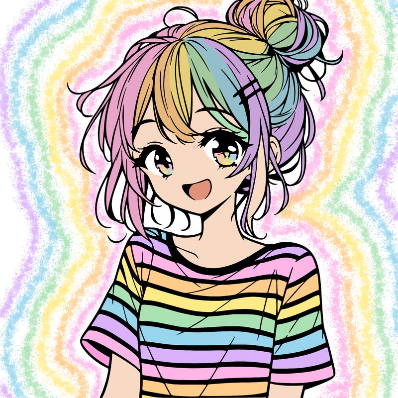 anime girl teenager striped shirt and smile and messy bun