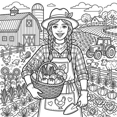 Step into the heartwarming world of farm life with this intricate coloring page featuring a smiling farmer and her abundant harvest. Discover rustic charm, friendly animals, and bountiful crops ready for your creative touch.