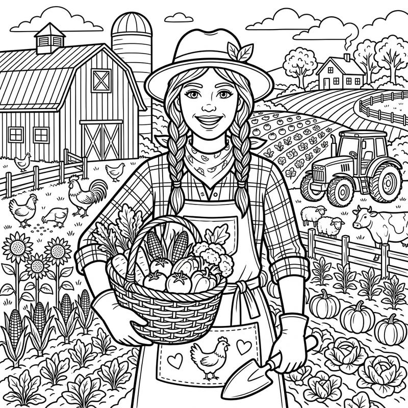 Step into the heartwarming world of farm life with this intricate coloring page featuring a smiling farmer and her abundant harvest. Discover rustic charm, friendly animals, and bountiful crops ready for your creative touch.