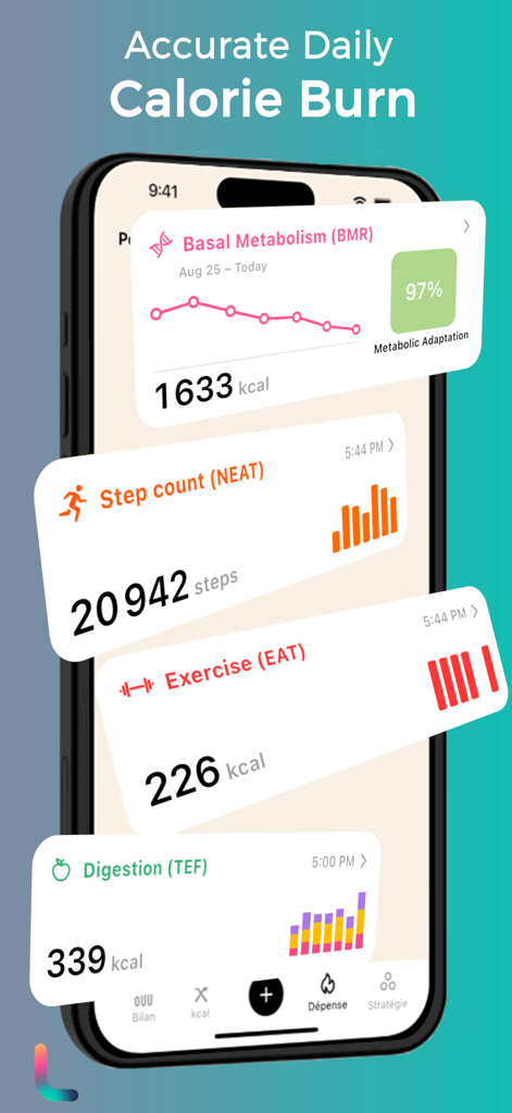 Lean AI Food & Calorie Scanner - Daily calorie burn dashboard showing basal metabolism step count exercise and digestion metrics
