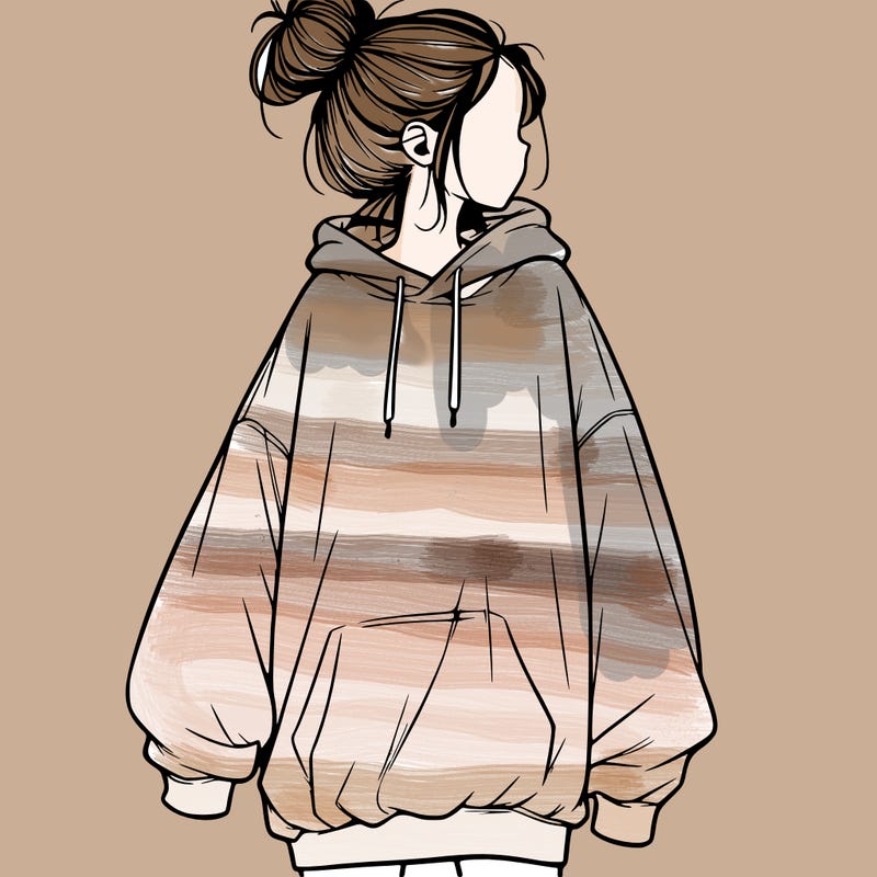 realistic girl with a oversized sweatshirt on and a bun