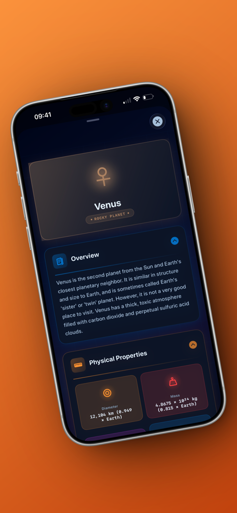 Astro-Cartography - 惑星金星に関する天文情報と物理的特性を表示するモバイルアプリのインターフェース