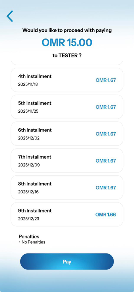 A payment overview screen from the Qpay Oman app showing a list of upcoming interest free installments for a purchase.