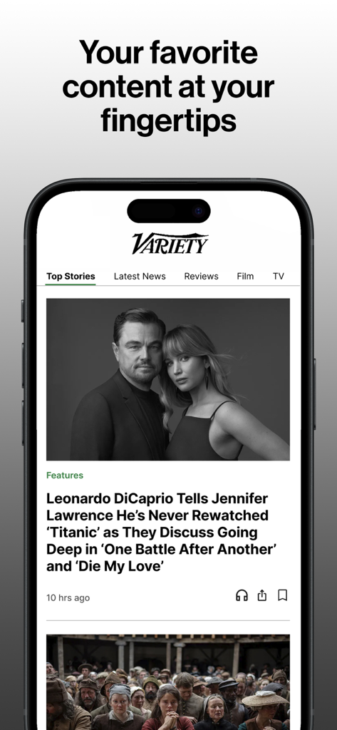 Variety app interface showing entertainment news and featured celebrity articles