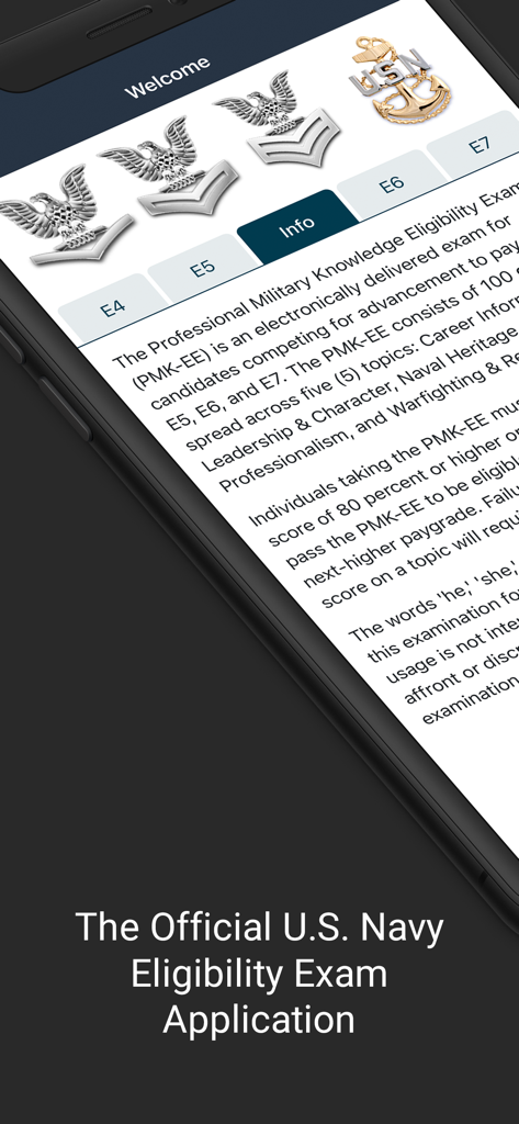 The welcome screen of the official US Navy PMK-EE mobile application showing rank categories and exam information.