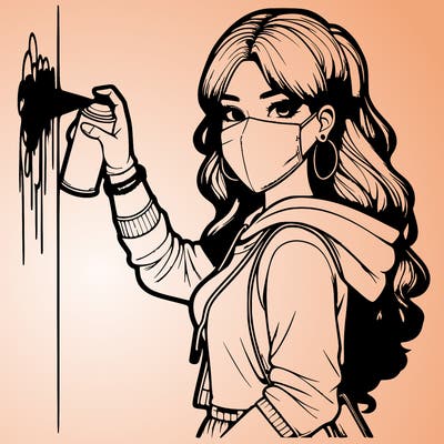 realistic girl with mask spray painting a wall