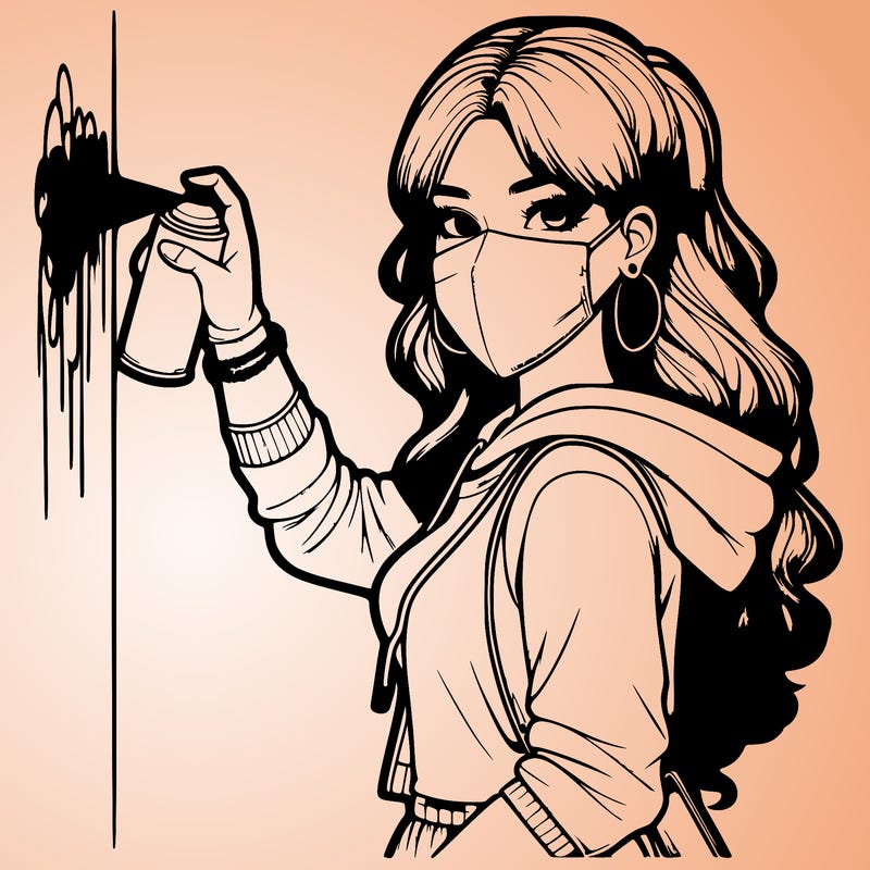 realistic girl with mask spray painting a wall