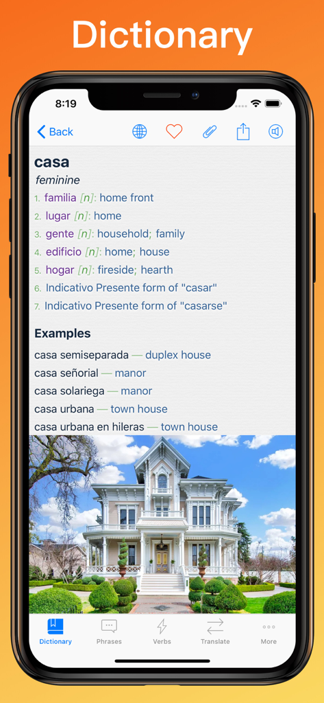 Spanish dictionary interface showing the definition of casa with examples and a photo