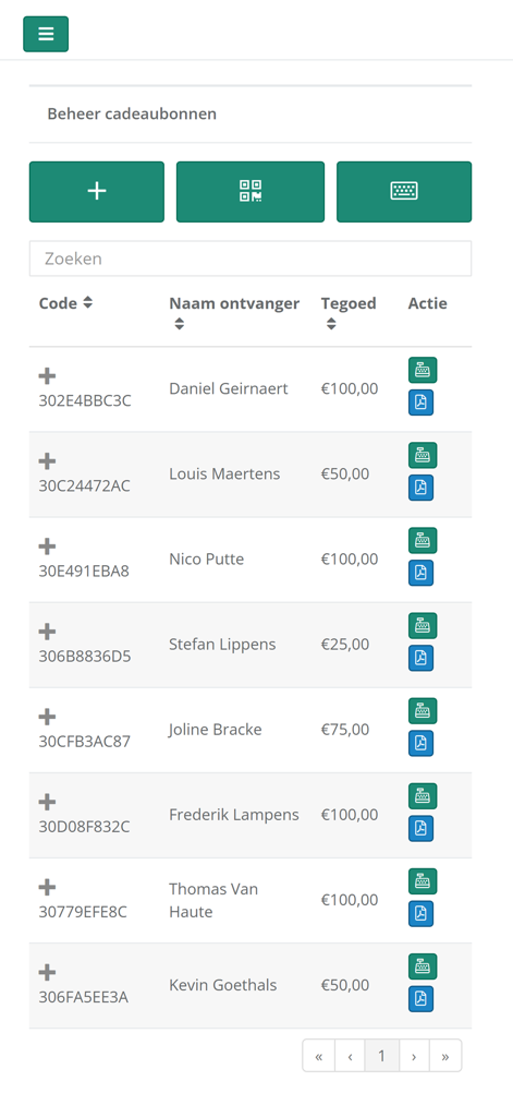 Easybooker - Interface for managing business gift cards showing recipient names and credit balances