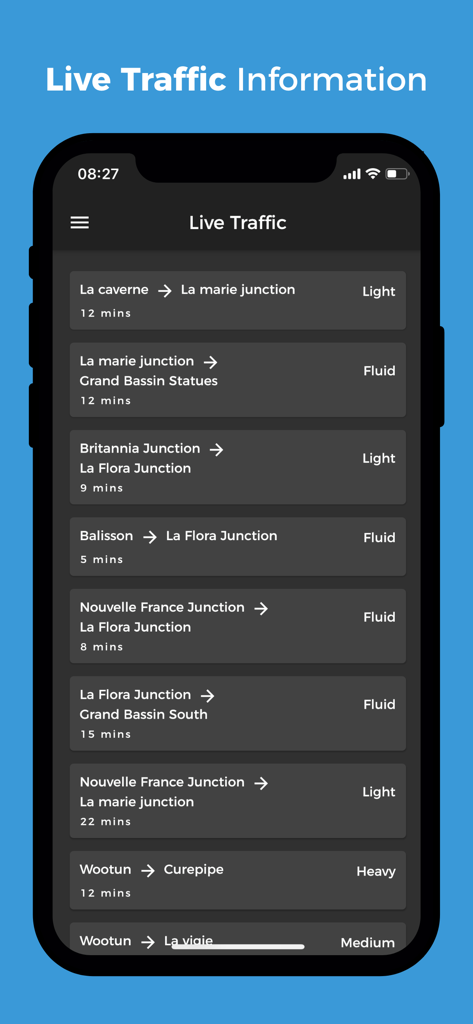 Smartphone screen showing live traffic status and estimated travel times for various routes in Mauritius
