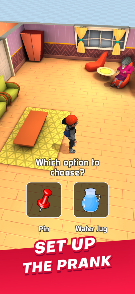 Hide and Prank - Una captura de pantalla del juego Hide and Prank que muestra una elección entre un alfiler y una jarra de agua para gastarle una broma a una maestra.