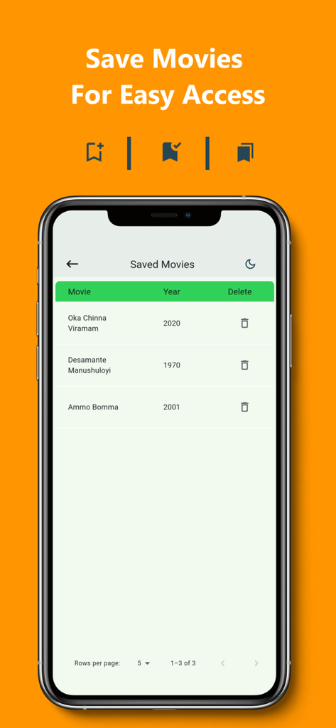 Dumb Charades Telugu - Screenshot of the Saved Movies screen in the Dumb Charades Telugu app showing a list of movies and release years