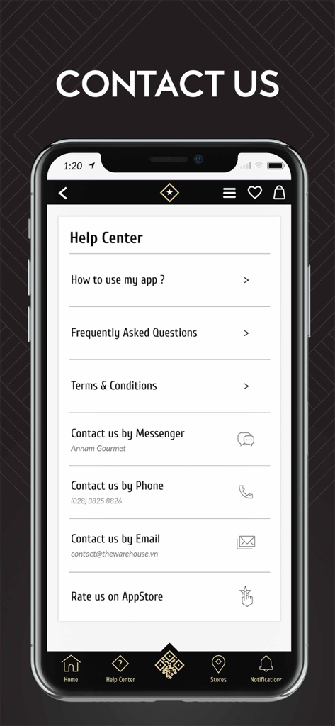Annam Gourmet - Annam Gourmet app Help Center screen showing contact options via Messenger, phone, and email, along with FAQs and terms and conditions.
