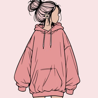 realistic girl with a oversized sweatshirt on and a bun