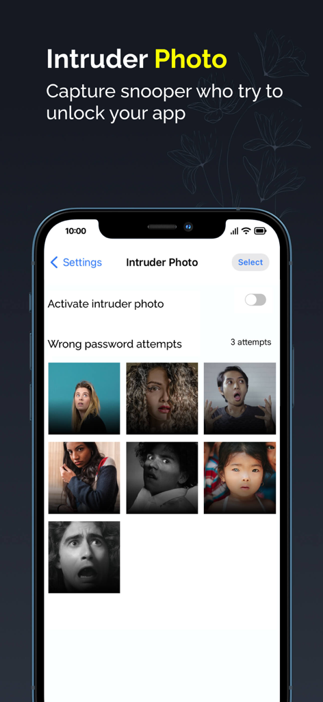 Interface de l'application Gallery Lock montrant la fonction de photo d'intrus qui capture des images des tentatives d'accès non autorisées.