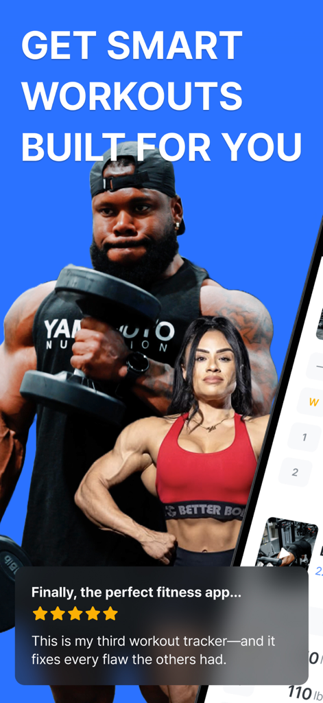 Gymwork workout tracker app advertisement featuring fitness athletes and a user testimonial with a five star rating.
