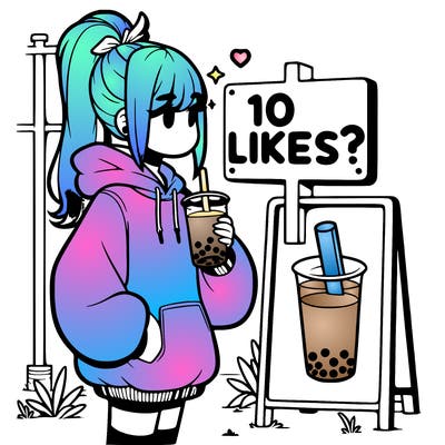 girl with oversized hoodie drinking boba and she has a high ponytail with a sign that says 10likes?