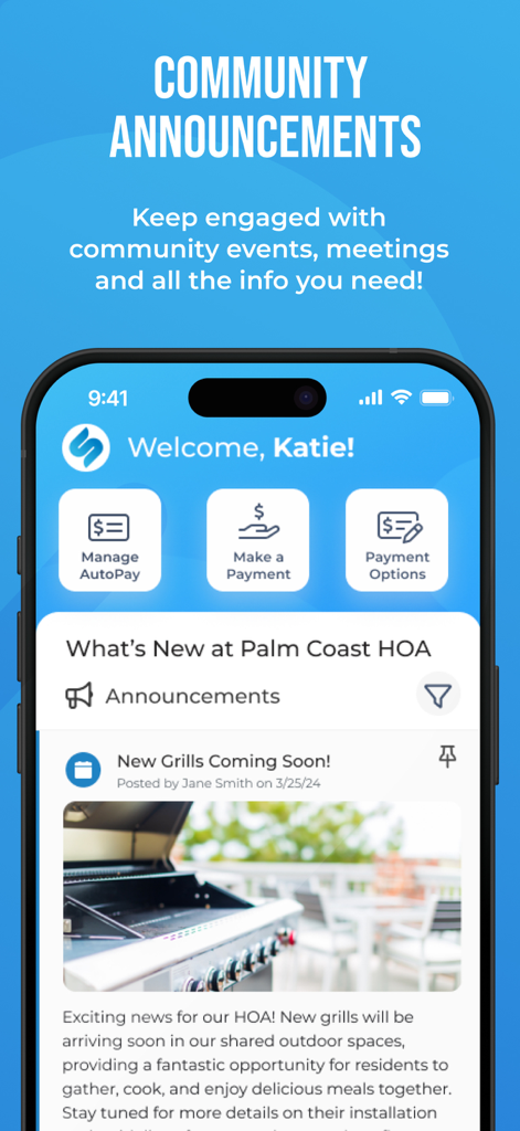 Mobile dashboard of the Resident App by SnapHOA showing community announcements and quick access buttons for HOA payments.