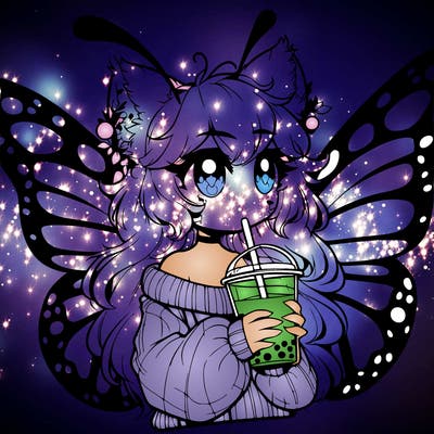a realistic butterfly/furry girl drinking boba