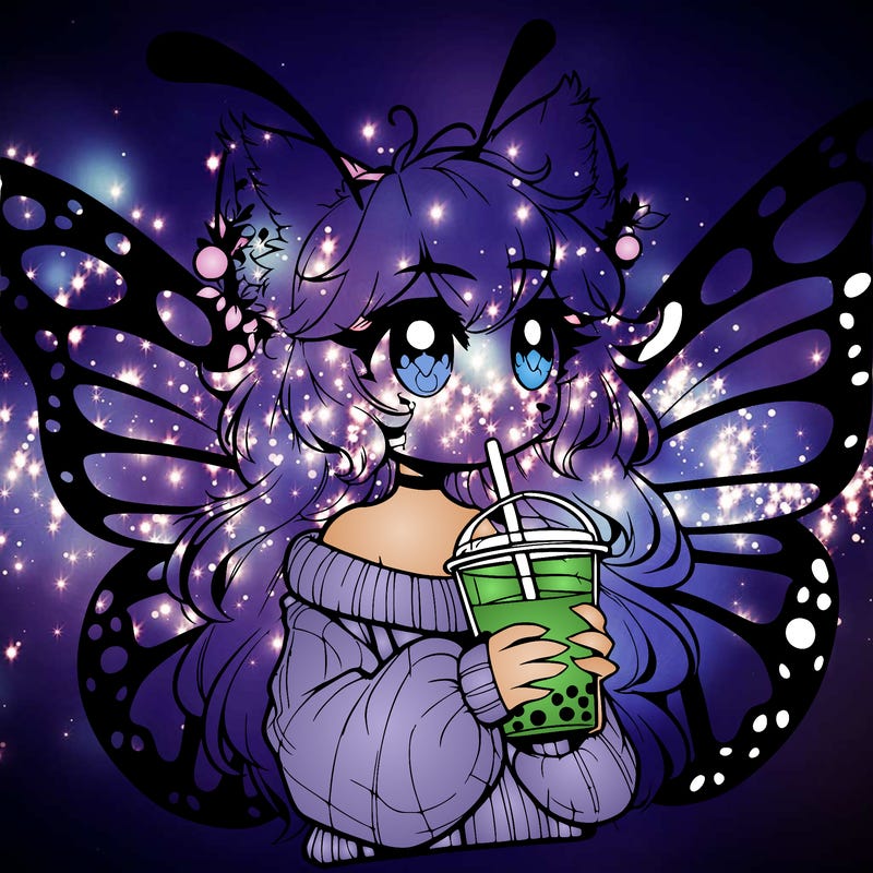 a realistic butterfly/furry girl drinking boba