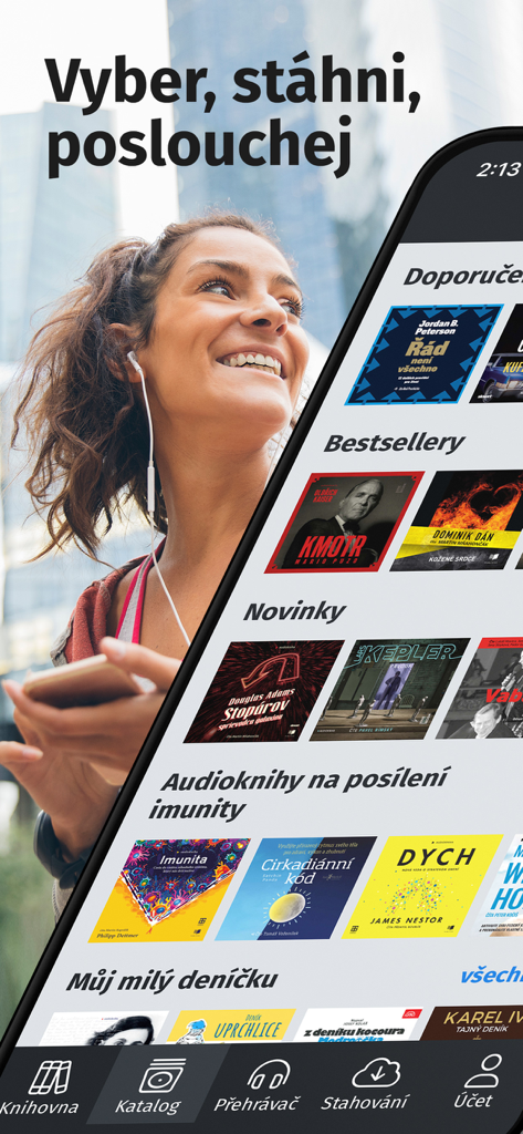 Audiolibrix - Audioknihy - Audiolibrix app interface showing Czech and Slovak audiobook selections with a woman listening