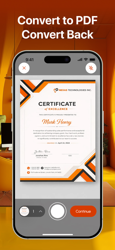 Lens Document Scan & Editor - Interfaz de la aplicación móvil que muestra el escaneo de un certificado para la conversión profesional de PDF