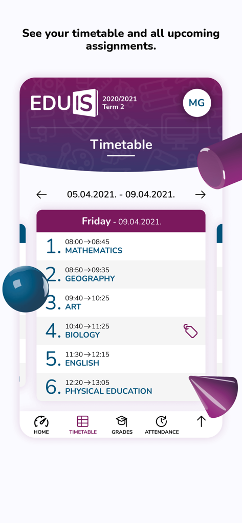Interface de l'application Eduis montrant l'emploi du temps quotidien d'un élève avec les horaires des cours et des matières comme les mathématiques et la géographie.