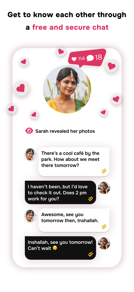 A mobile interface of the Muslimeet app showing a secure chat conversation between two users planning to meet.