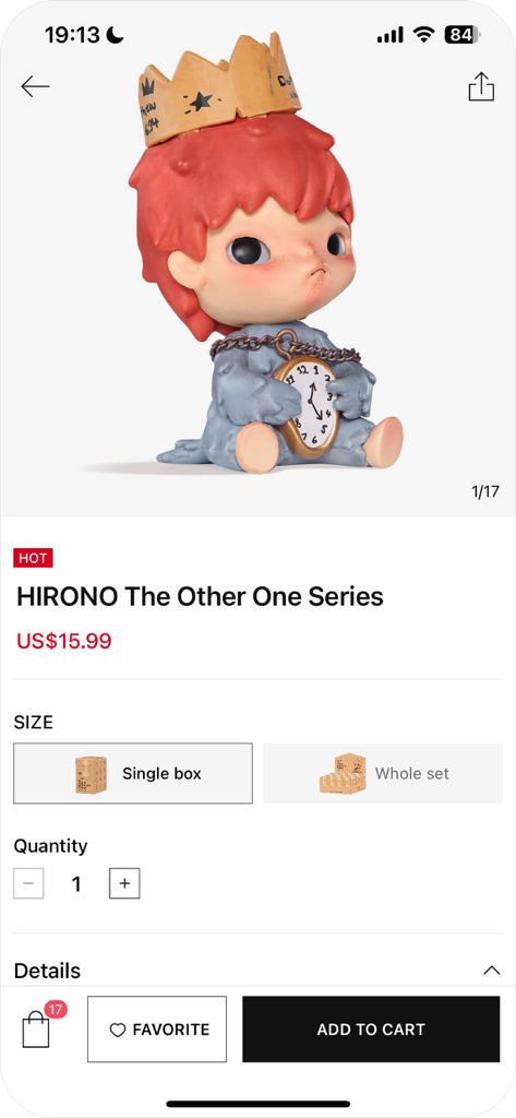 POP MART - Listado de productos para el juguete de arte HIRONO The Other One Series en la app POP MART, mostrando el precio y las opciones de compra.