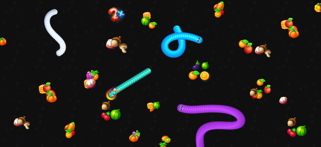 Snake Game - Worms io Zone - Colorful snakes and worms eating various fruits and vegetables in the game zone.