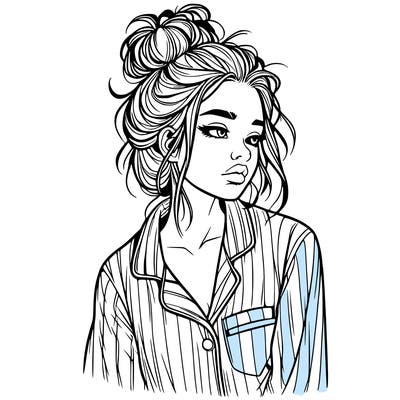 realistic woman with pajamas on and a messy bun