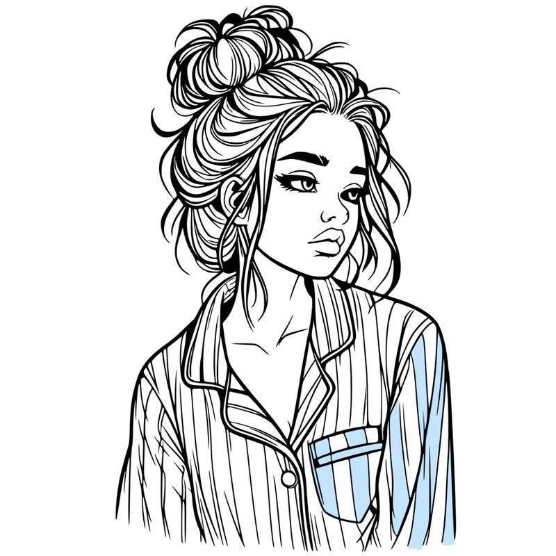 realistic woman with pajamas on and a messy bun