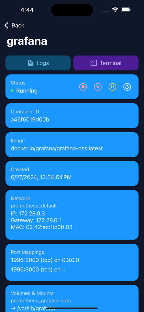 Interface of the Pourtainer app displaying details and controls for a running Grafana Docker container.
