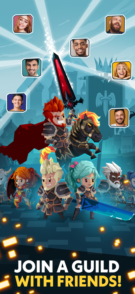 Slash & Roll: Dice Heroes - ファンタジーヒーローとプレイヤーアバター、「友達とギルドに参加しよう」というスローガン付き