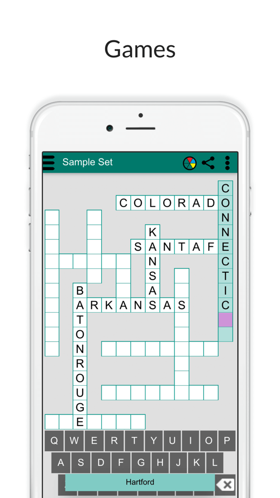 Crossword puzzle game in the StudyStack Flashcards mobile app for studying US state capitals