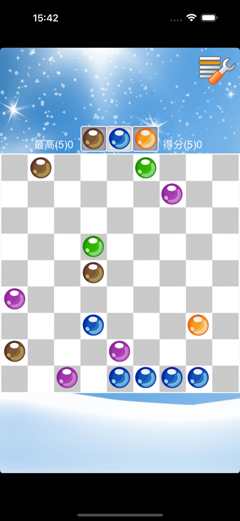 Line color - Line Colorのゲームプレイ画面。様々な色のボールがあるグリッドが表示されています。