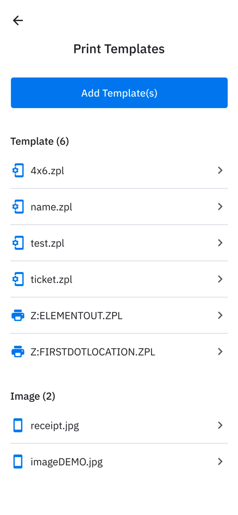 Zebra Printer Setup Utility v3 - Zebra Printer Setup Utility app screen displaying a list of available print templates and images for printer configuration