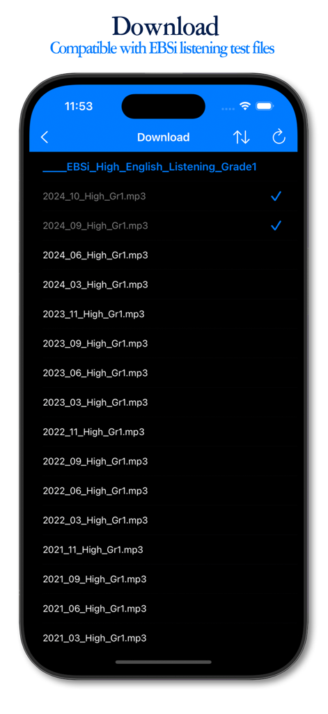 Cyclone Pro - 구간반복 Repeater - Cyclone Pro app interface showing a list of EBSi English listening test files for download