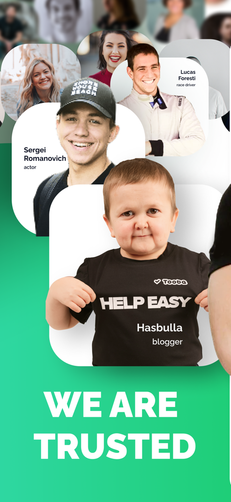 A group of diverse influencers and bloggers supporting the Tooba Help Easy app with the caption We Are Trusted