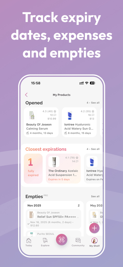 Mobile screenshot of the FeelinMySkin app showing a list of skincare products with expiration dates and inventory tracking.