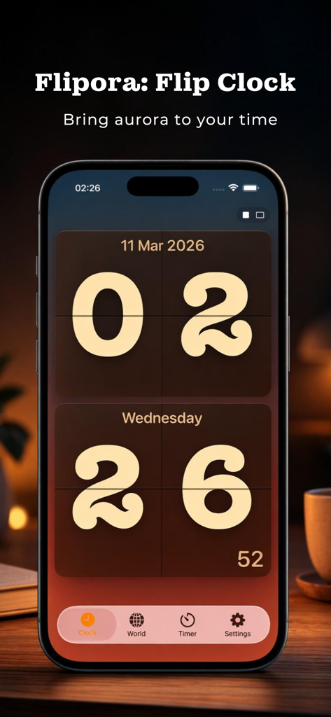An iPhone displaying the Flipora flip clock with a warm aesthetic theme on a wooden desk