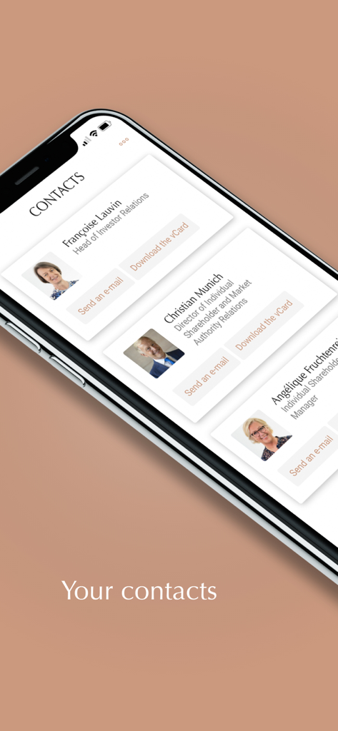 L’Oréal Investors - Screenshot della sezione Contatti nell'app L’Oréal Investors, che elenca i professionisti delle relazioni con gli investitori con opzioni email e vCard.