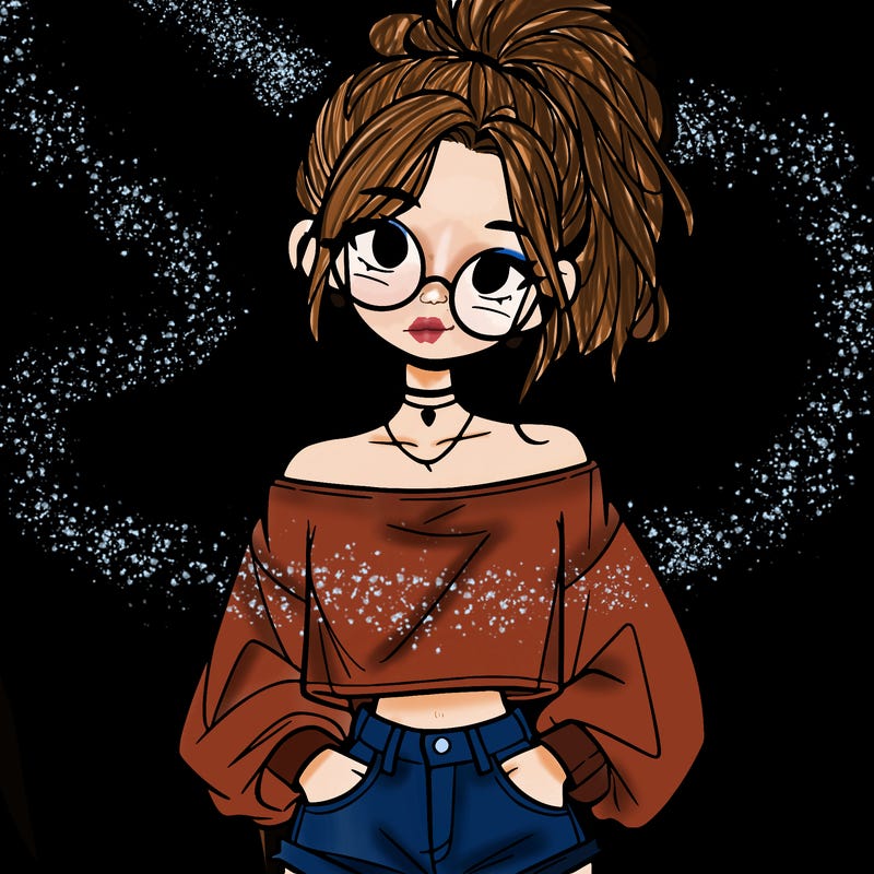 girl with a messy ponytail glasses a baggy crop top and jean shorts