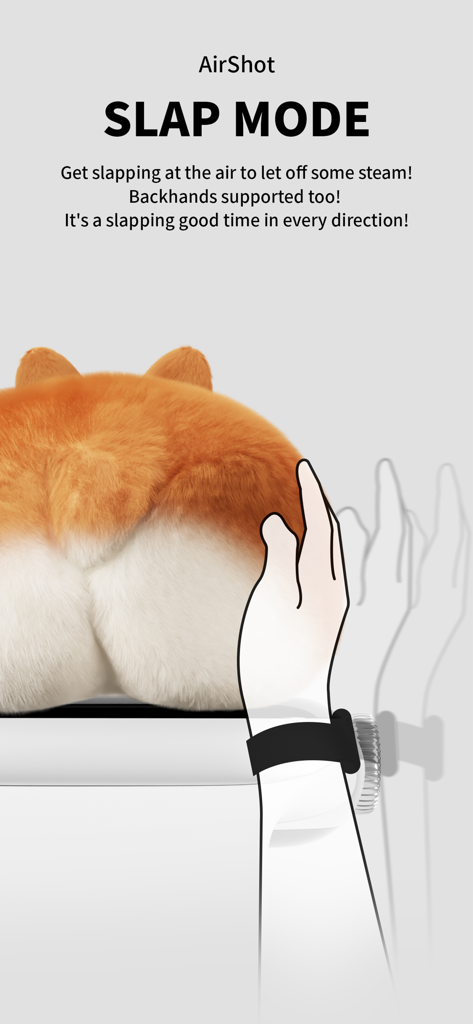 AirShot Slap Mode promotional screen showing a virtual slapping motion with an Apple Watch towards a fluffy corgi