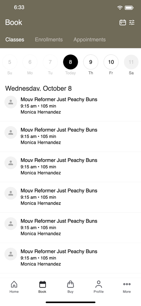 MOUV | Pilates Studio - The MOUV app booking interface showing a list of reformer pilates classes and a weekly calendar schedule