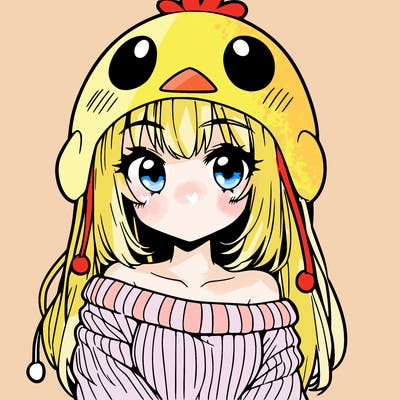 anime girl with chick shaped hat with sweater with bare shoulders with bangs covering them one eye with low tail