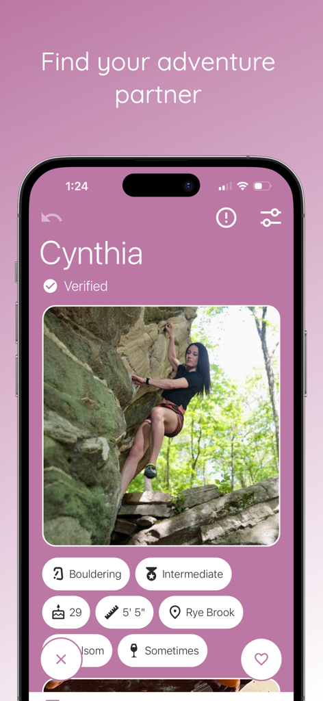 Boulder: Date a Climber - Interface of the Boulder climbing dating app showing a verified user profile with tags and a bouldering photo