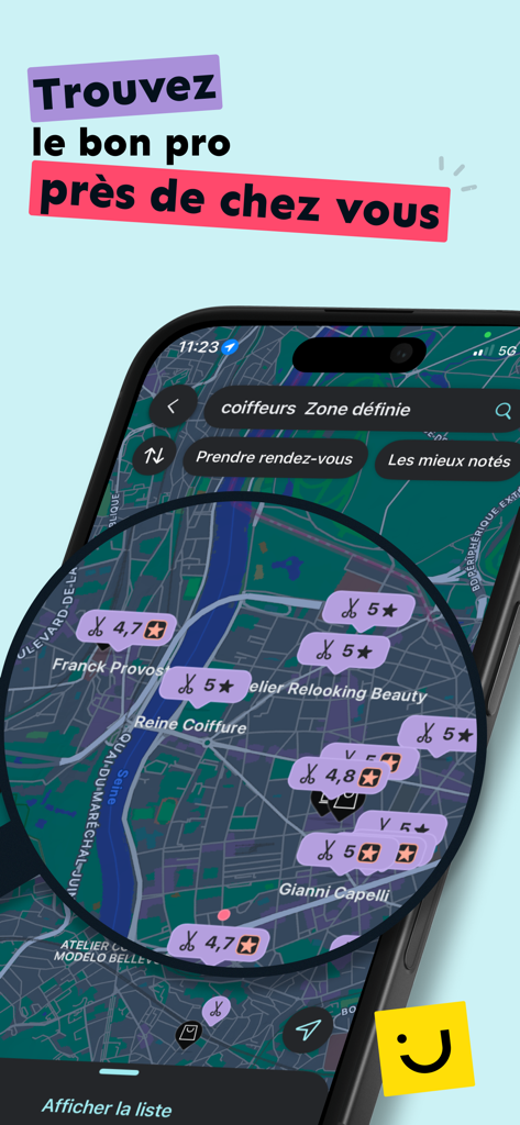 PagesJaunes - Recherche locale - Map view in the PagesJaunes app showing local hair salons with user ratings and locations.