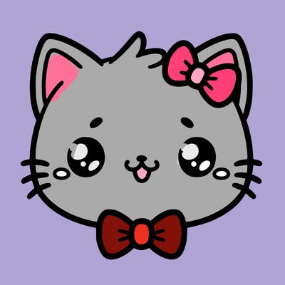 kawaii cat with a bow tie hanging from his ear