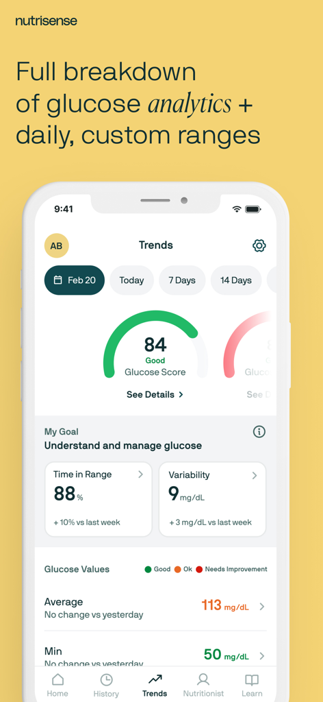 Interface do aplicativo Nutrisense exibindo tendências de glicose e painel de análise de saúde metabólica.